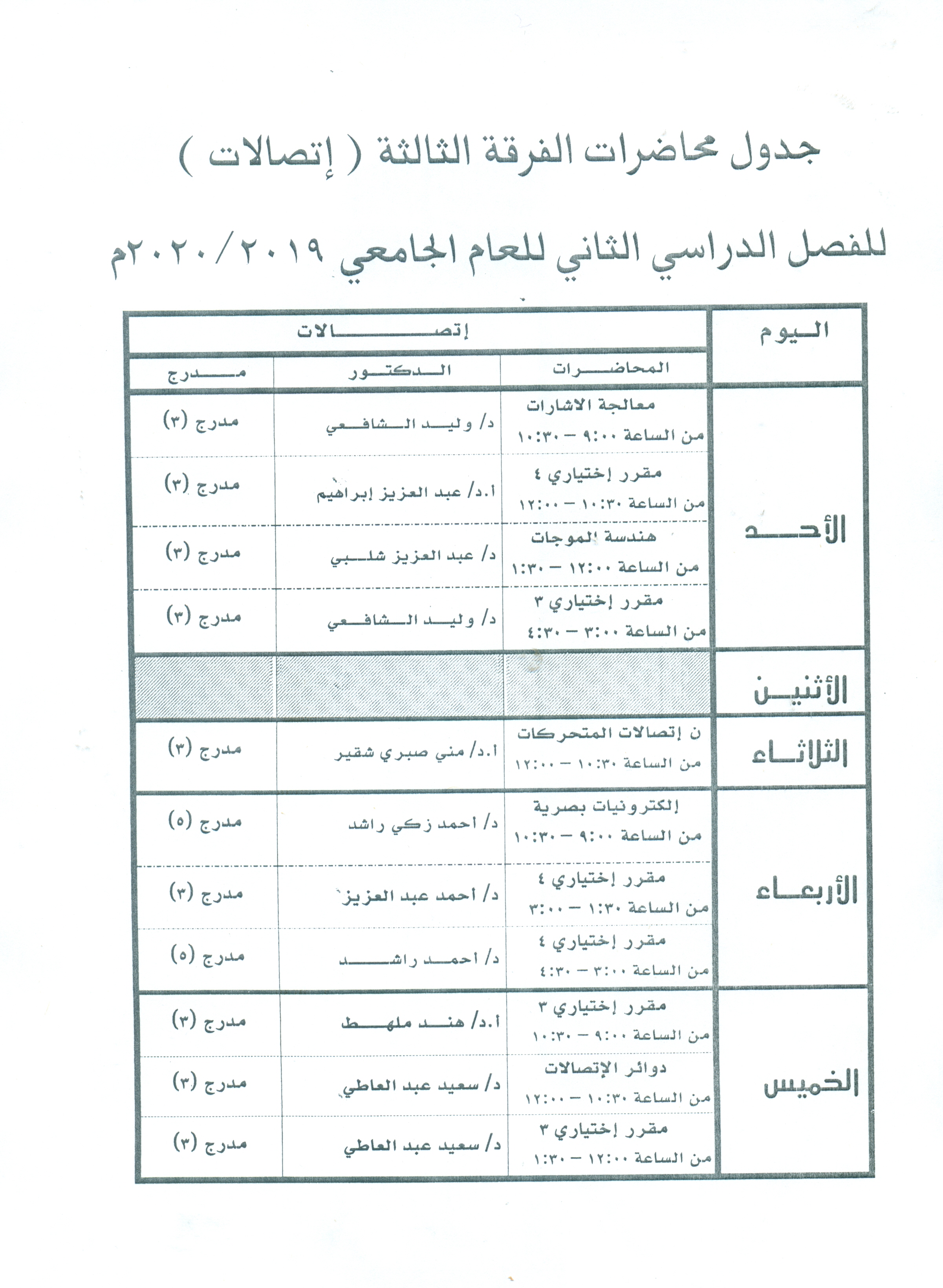 جدول محاضرات الفرقة الثالثة