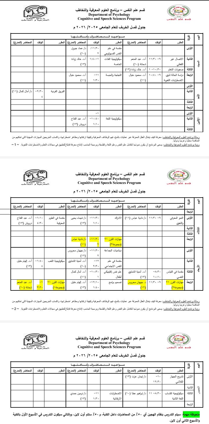 جدول برنامج العلوم المعرفية والتخاطب للفصل الدراسي الأول للعام الجامعي ٢٠٢٥-٢٠٢٦