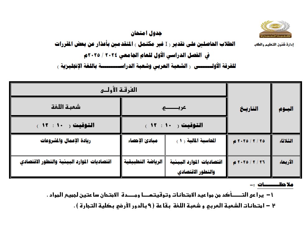 جدول امتحان   الطلاب الحاصلين على تقدير (I  غير مكتمل ) المتقدمين بأعذار عن بعض المقررات  في  الفصل الدراسي الأول للعام الجامعي 2024 / 2025م للفرقة الأولـــــــى  ( الشعبة العربي وشعبة الدراســــــــــة باللغة الإنجليزية )   ( وبرنامج نظم معلومات الأعمال (  BIS )  الشعبة العربي وشعبة اللغة )