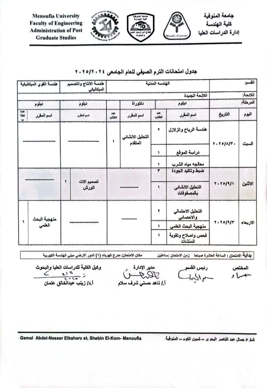 جدول امتحانات الترم الصيفى لطلاب الدراسات العليا للعام الجامعى 2024-2025
