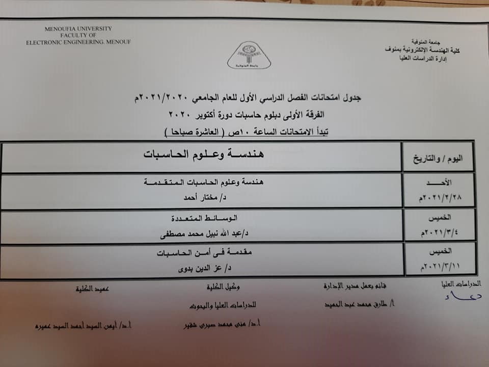 الفرقة الاولي دبلوم حاسبات دورة اكتوبر 2020م