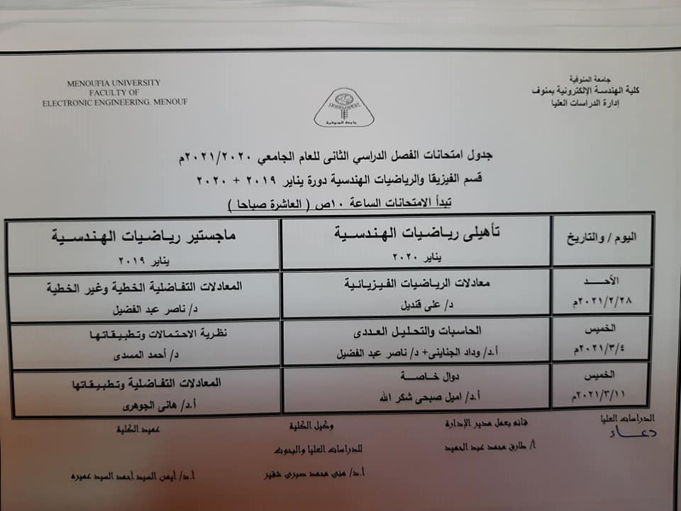 قسم الفيزيا والرياضيات الهندسية دورة يناير(2019 م+2020م)