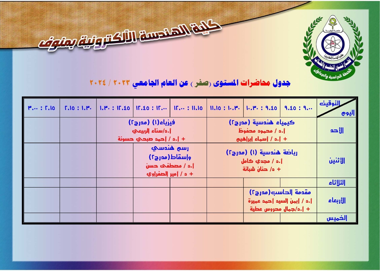 جدول محاضرات المستوي ( صفر) 