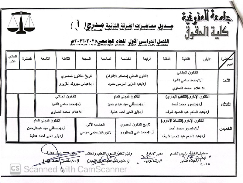جدول محاضرات الفرقة الثانية عربى
