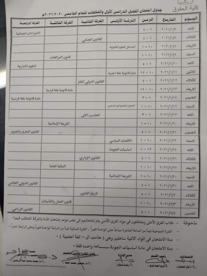 هااااام لجميع طلاب الفرق الأربعة جدول الامتحانات للفصل الدراسي الاول 2021/2020