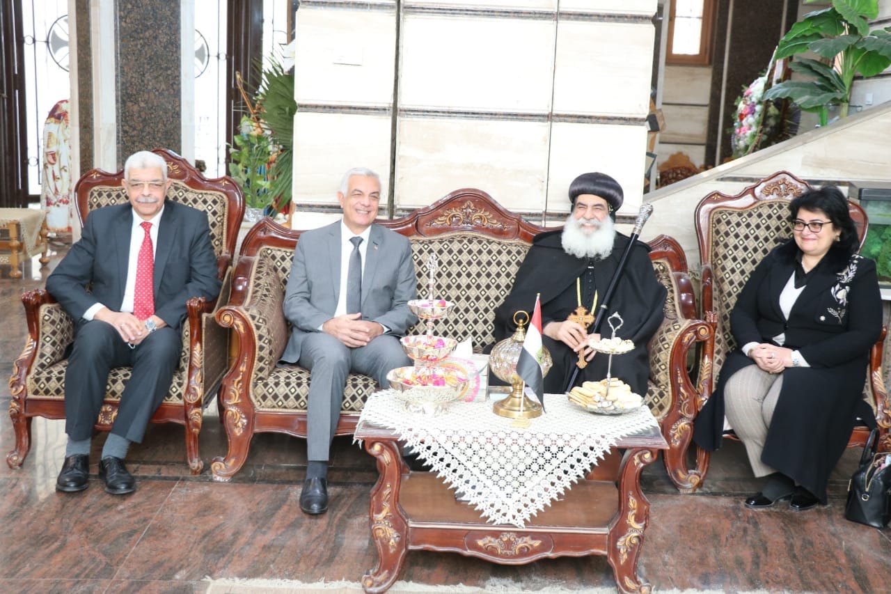 The President of Menoufia University and his two deputies congratulate His Eminence Bishop Benjamin on the glorious Christmas celebrations
